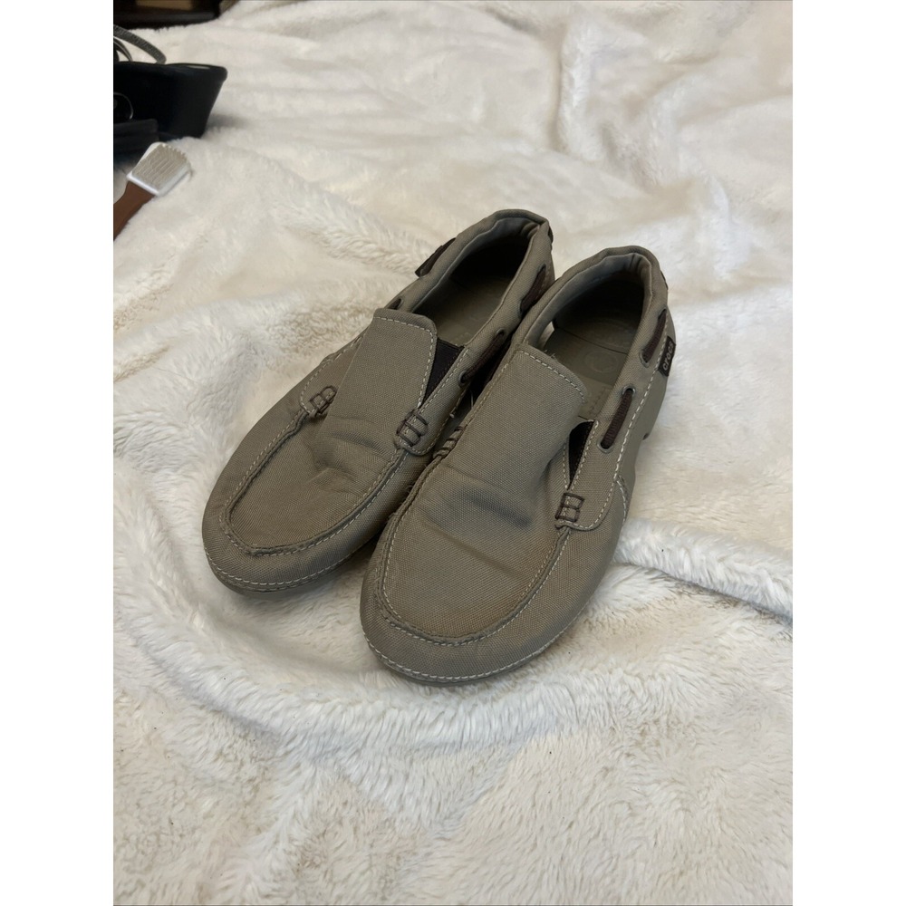 Crocs Mens Tan Green Canvas Slip On Loafers Size 7 Casual Shoes